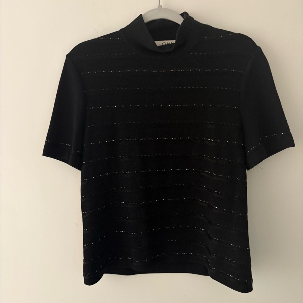 St. John Evening Santana Black Short Sleeve Knit Mock Turtleneck Rhinestones - Picture 6 of 6